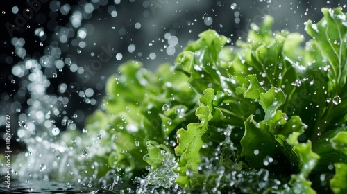 Vibrant green lettuce leaves being washed, with water droplets captured in mid-air against a dark background, emphasizing freshness and cleanliness.