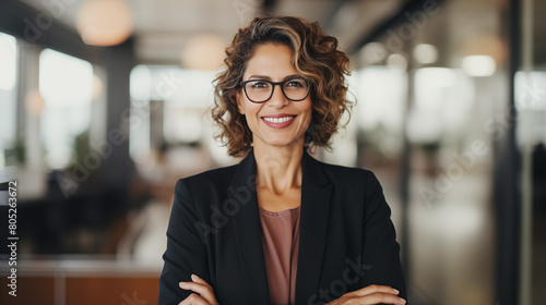 Middle aged female business executive Smiling in the office wearing glasses