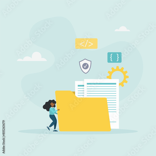 Subscription package, cloud processing, cloud storage, software as a service. Web SaaS concept. The girl is holding a folder with documents. Vector illustration. 