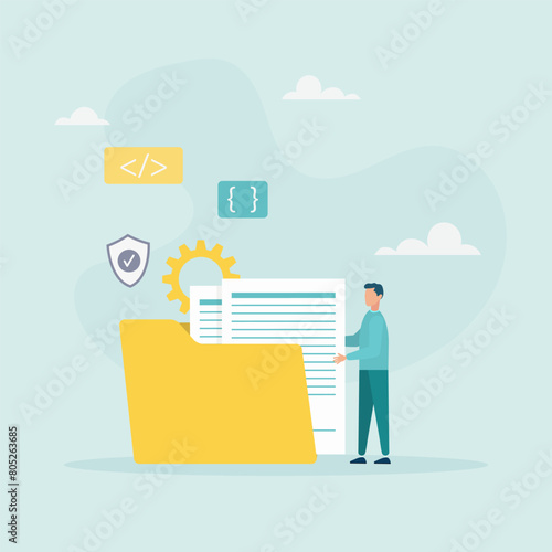 Subscription package, cloud processing, cloud storage, software as a service. Web SaaS concept. The guy is holding a folder with documents. Vector illustration.
