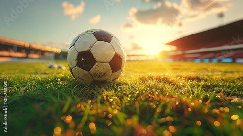 A Soccer Stadium's Grass Catches the Last Glow of Sunset, with a Ball Poised for Play