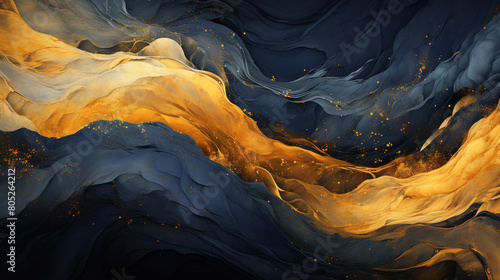 Minimalistic Art of Indigo and Gold Paint Brush Stroke Curvy Background