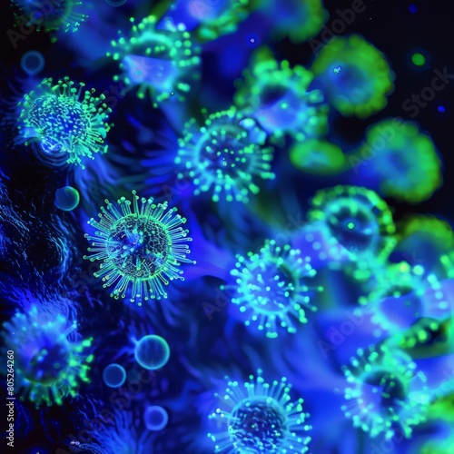 Vivid green luminescent virus particles in a close-up view  highlighting scientific research on infectious diseases.