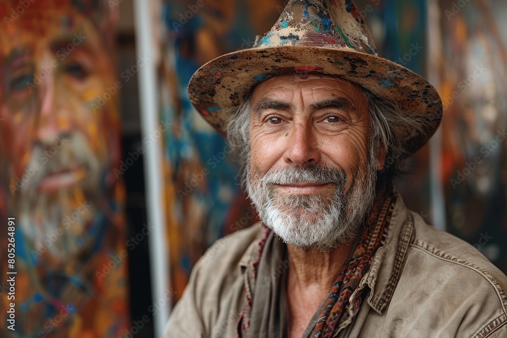 An elderly artist with a distinguished beard and paint-splattered hat looks pensively in his art studio An elderly artist with a distinguished beard and paint-splattered hat looks pensively in his art studio