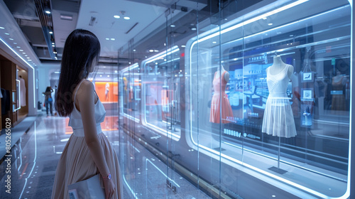 A futuristic retail experience with augmented reality windows displaying virtual product try-ons