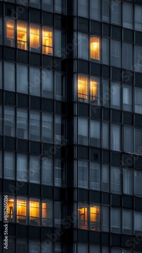 Photo of an office building window at night, lights on in the windows
