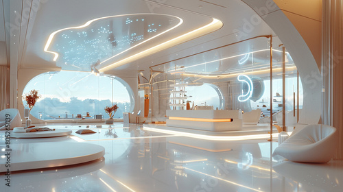 A sleek, futuristic boutique with a floating, holographic logo and self-cleaning windows © Mr Arts