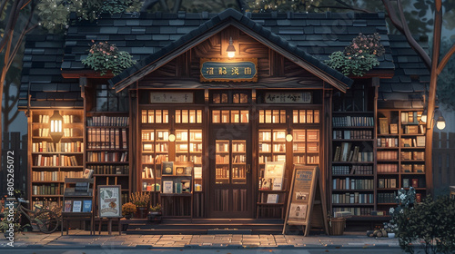 A cozy, independent bookstore with a warm, wood-accented exterior and a charming, hand-painted sign