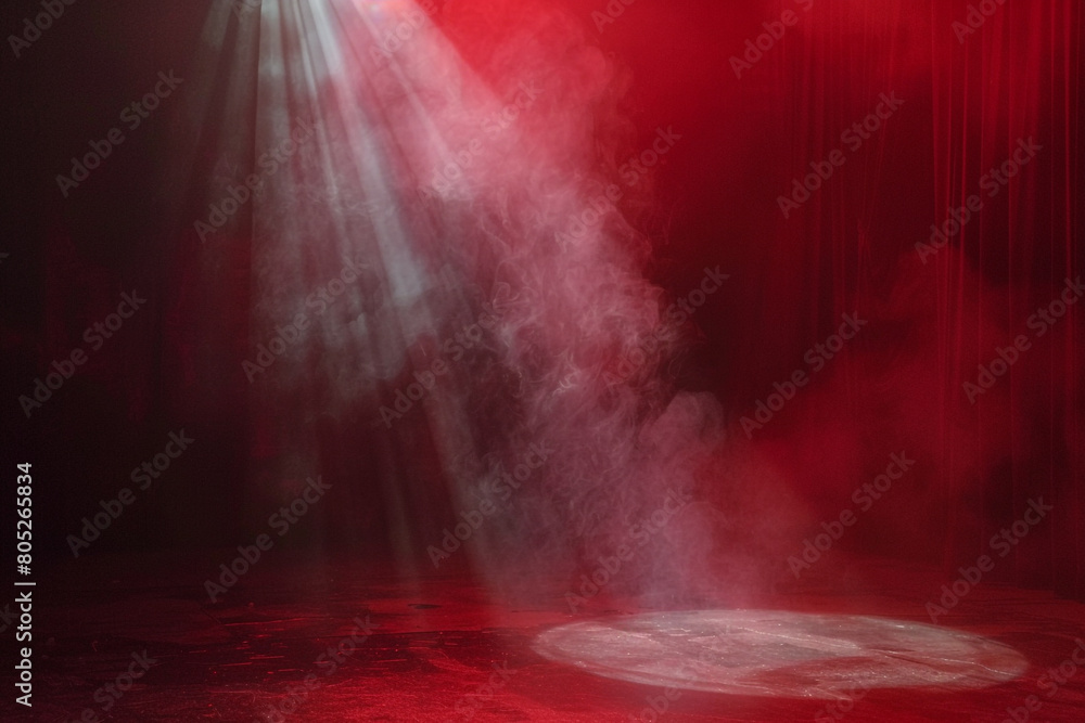 Soft silver smoke wafting over a stage under a scarlet spotlight, creating a high-contrast, cinematic look.