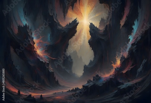 Dramatic and ominous landscape, towering dark rock formations creating an enclosed space, fiery glow emanating from within the crevices of the rocks, casting an orange and yellow hue, Generative AI. (ID: 805265880)