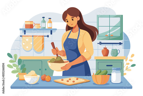 In cozy domestic kitchen young pretty woman flattening dough cooking alone on weekend at home make surprise for boyfriend or family on holiday prepare homemade sweet dessert for teatime Culinary