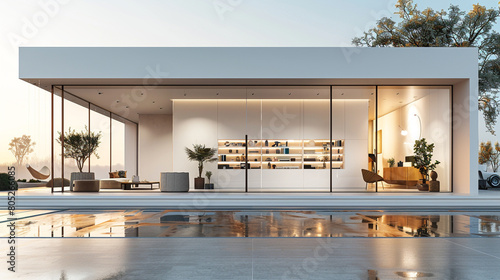 A sleek, modern home decor store with a minimalist, all-white faÃ§ade and a large, floor-to-ceiling window photo