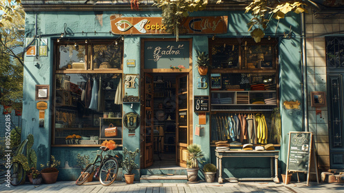A trendy, vintage clothing store with a quirky, colorful exterior and a charming, hand-painted sign © Mr Arts