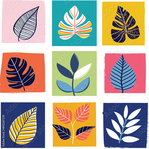 Nine colorful stylized leaf illustrations arranged grid, contrasting color block background. Different leaf shapes, including tropical abstract, drawn modern, minimalist art style. Botanical art