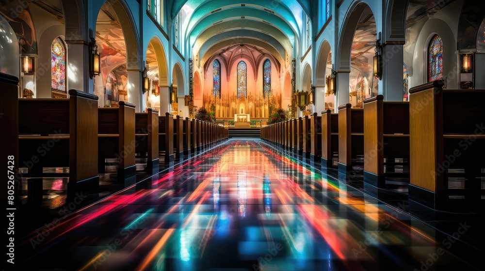 worshipers blurred catholic church interior