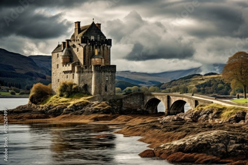 Aged Scot scottish castle. Fortress travel. Generate Ai photo