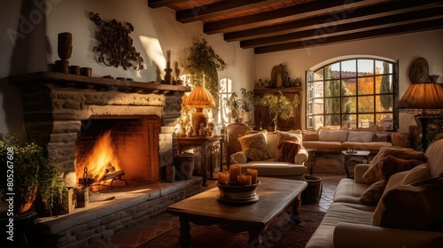 living blurred spanish style home interior