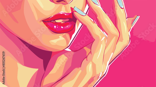 Woman doing manicure on color background closeup vector
