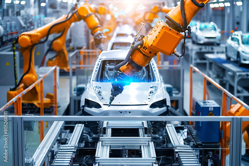 Robotic arm precision at work in an EV manufacturing line  highlighting the digitalization and efficiency of modern car production 