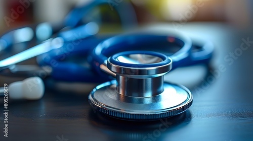 Close-up of a blue stethoscope on a dark surface with blurred background. Medical equipment photography for healthcare and diagnostics.