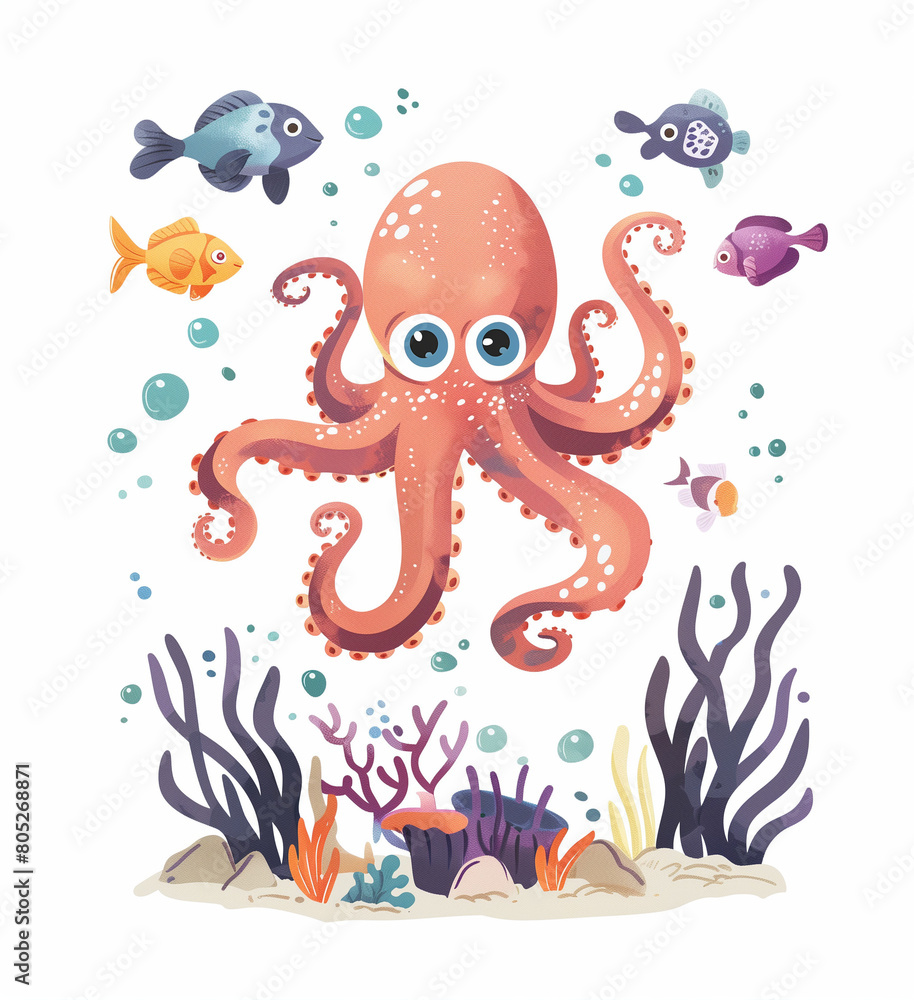 Curious Octopus with Bright Eyes Exploring a Coral Reef Curious Octopus with Bright Eyes Exploring a Coral Reef