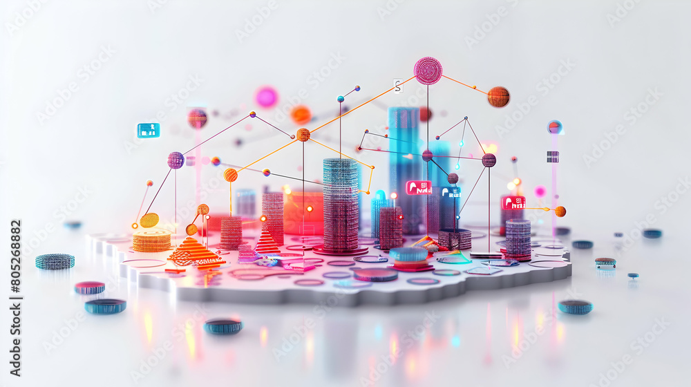 Economic AI Ecosystem: 3D Flat Icon of Interconnected Financial Charts and Abstract Tech in Financial Growth and Innovation Economic AI Ecosystem: 3D Flat Icon of Interconnected Financial Charts and Abstract Tech in Financial Growth and Innovation
