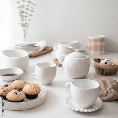 Modern white tea set elegantly arranged with fresh pastries.