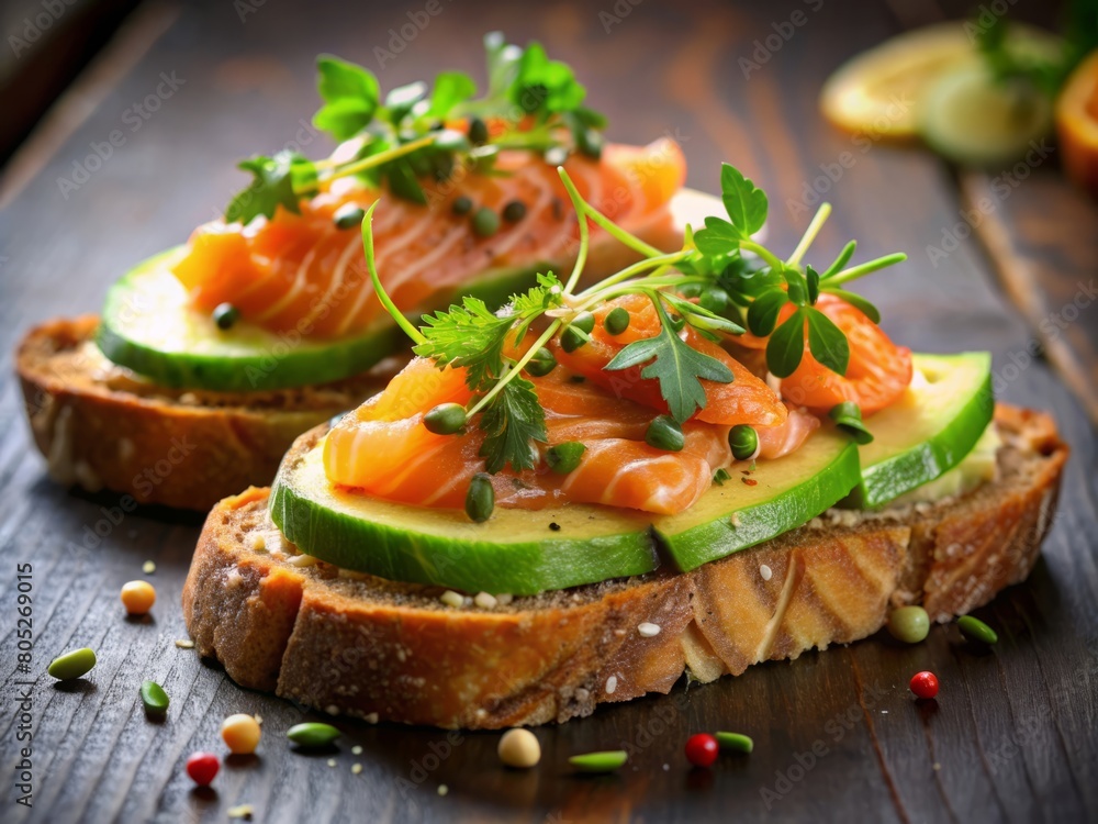 A gourmet presentation of a salmon avocado open sandwich, beautifully garnished and ready to serve, ideal for culinary blogs, recipe books, and food magazines focusing on healthy eating. A gourmet presentation of a salmon avocado open sandwich, beautifully garnished and ready to serve, ideal for culinary blogs, recipe books, and food magazines focusing on healthy eating.