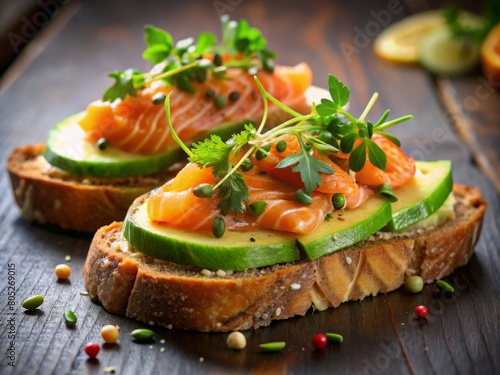A gourmet presentation of a salmon avocado open sandwich, beautifully garnished and ready to serve, ideal for culinary blogs, recipe books, and food magazines focusing on healthy eating.