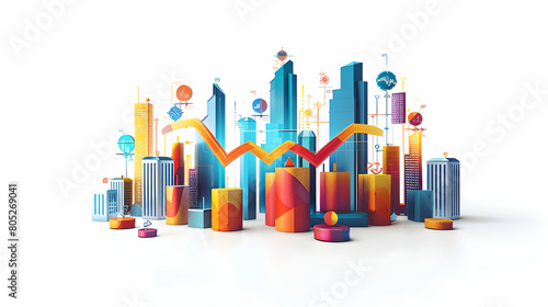 Economic Elevation  Financial Growth and Innovation 3D Flat Icon with Ascending Lines and Abstract Icons on Isolated White Background