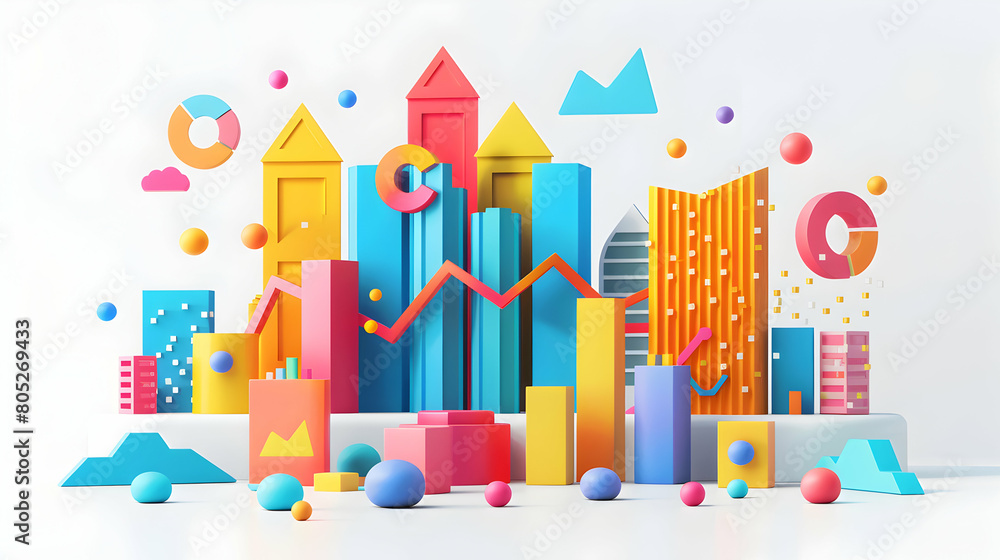 3D Flat Icon: Financial Fusion - Abstract Art and Data Merge in Financial Growth and Innovation on White Background