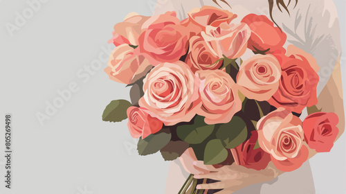 Woman holding bouquet of beautiful roses on grey background