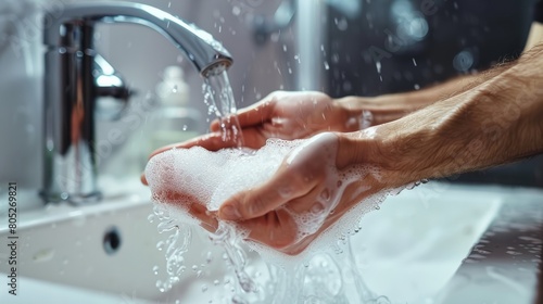 Personal hygiene. Man cleaning his hands using liquid disinfectant soap and water in bathroom. Washing hands concept photo