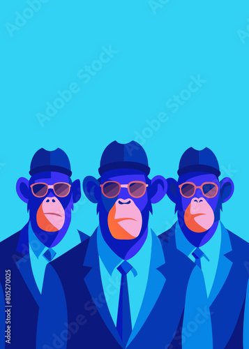 Creative animal concept. Ape in a group, vibrant bright fashionable outfits isolated on solid background advertisement, copy text space. birthday party invite invitation banner photo