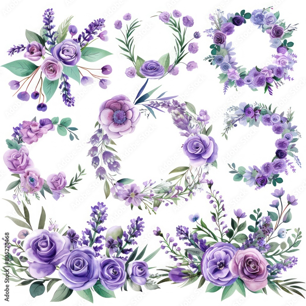 Develop a set of watercolor floral wreaths and borders, combining ...