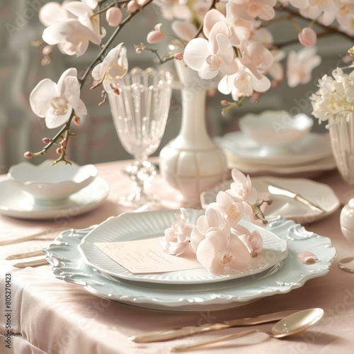 Develop a set of wedding table settings, highlighting the trend of personalized place cards and centerpiece arrangements in delicate pastels