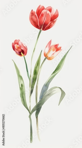 Compose a series of minimalist watercolor flower cliparts, focusing on single-stem flowers like tulips and lilies, ideal for chic, modern designs © Nisit