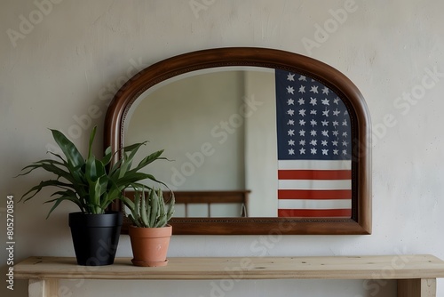 Blooming Homefront: Window Flowers Framed by American Flag photo
