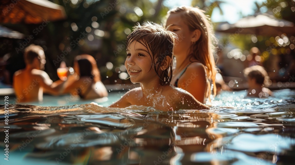 Amidst the sounds of summer, children dive into the refreshing pool, their exuberance contagious as they revel in the simple pleasures of holiday activities.