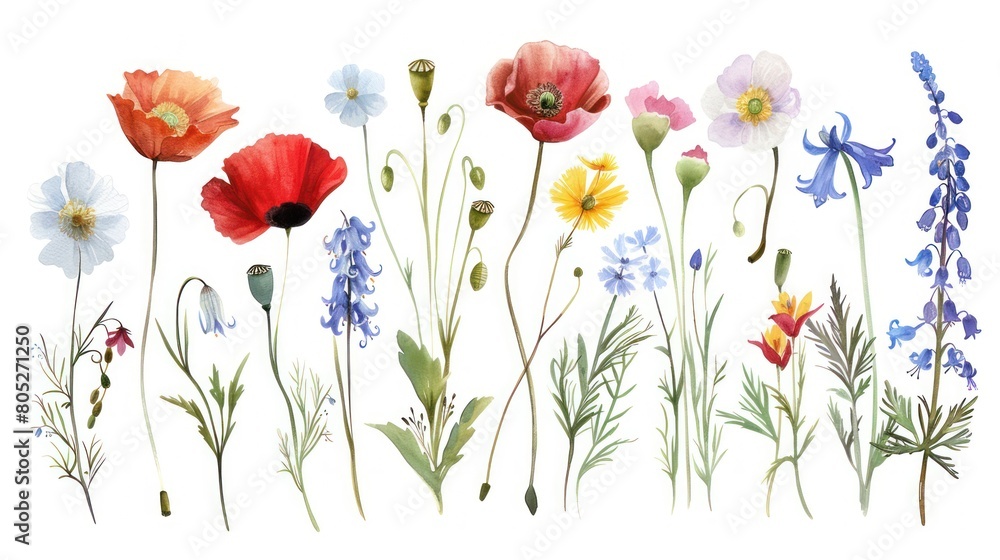 Create a series of vibrant watercolor wildflowers, including poppies, daisies, and bluebells, each clipart capturing the flower's unique charm