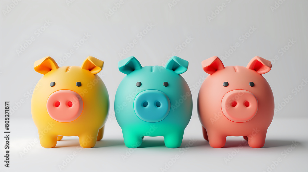 3D Piggy Bank Icons on white background, the concept of saving money ...