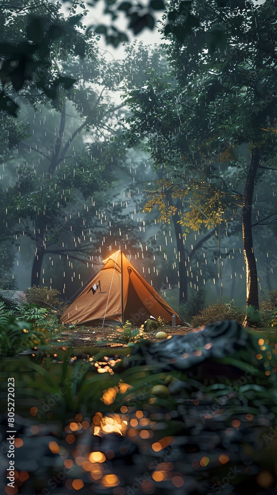 Rainy Retreat: Illuminated Tent in Misty Forest Rainy Retreat: Illuminated Tent in Misty Forest