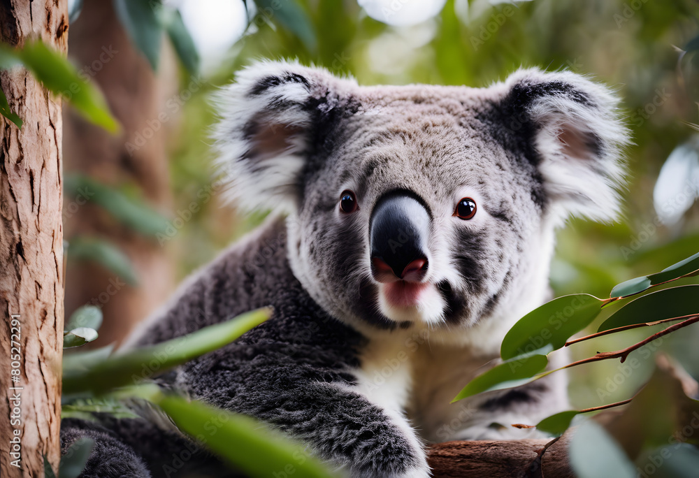 Obraz premium Curious Koala Among Eucalyptus Leaves: Close-Up of Australian Wildlife