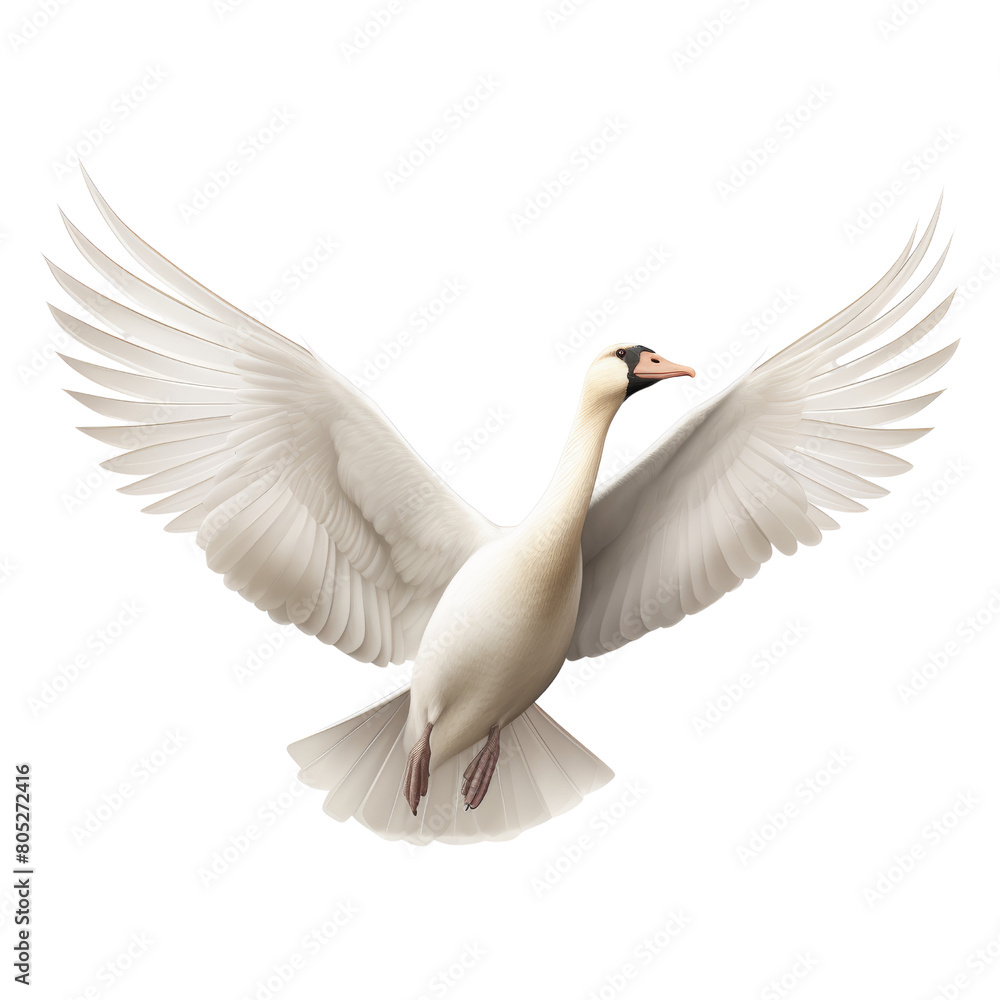 white swan flying isolated on transparent background cutout
