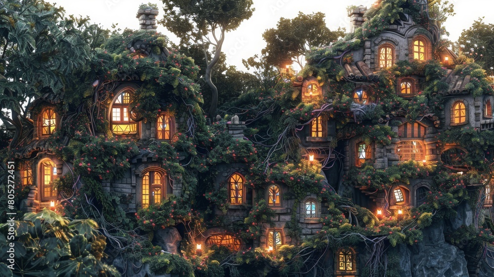 A group of houses with many windows and a lot of greenery A group of houses with many windows and a lot of greenery