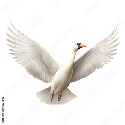white swan flying isolated on transparent background cutout