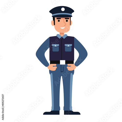 Cartoon police officer standing hands hips uniform confident smile law enforcement. Smiling policeman character blue uniform cap badge professional security job. Happy police man dark blue outfit