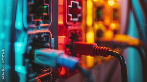 close - up of a power socket with multiple plugged - in cables