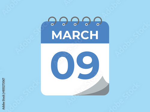 March 9 calendar reminder. 9 March daily calendar icon template. Calendar 9 March icon Design template. Vector illustration