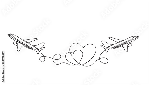 Continuous one line drawing of airplane path in heart form. One single line airplane route with start point and hearted way, aircraft with heart shaped trace. Vector illustration.